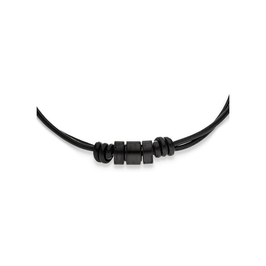 S.Oliver læderarmbånd med sorte rustfri stålkugler og læderknude i midten, fotograferet fra siden.