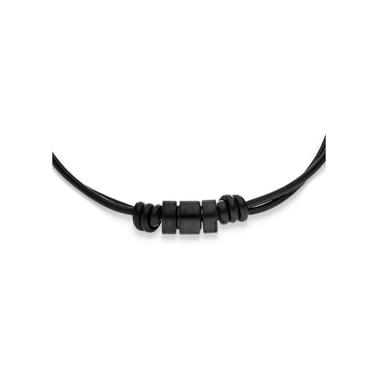 S.Oliver læderarmbånd med sorte rustfri stålkugler og læderknude i midten, fotograferet fra siden.