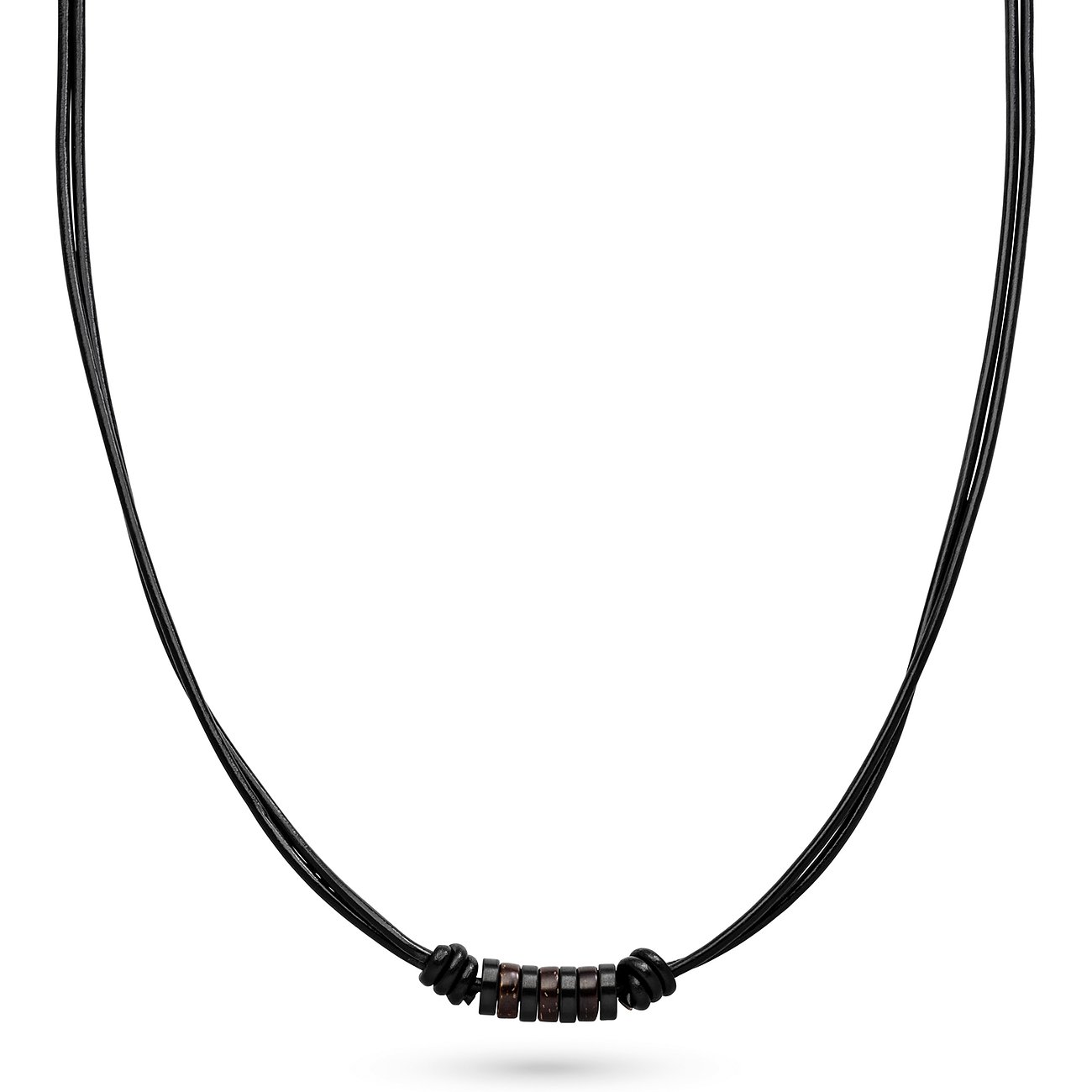 s.Oliver halsband i svart läder med ringar av mörkt rostfritt stål i mitten.