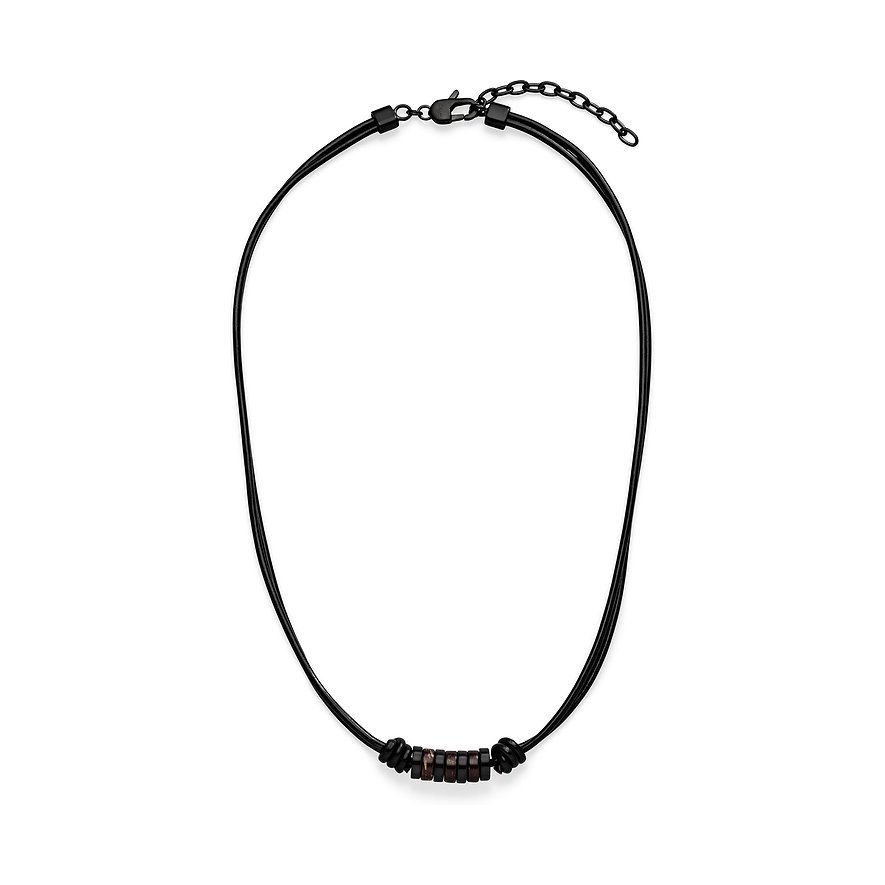 s.Oliver halsband i svart läder och rostfritt stål med mörkbruna pärlor i mitten.