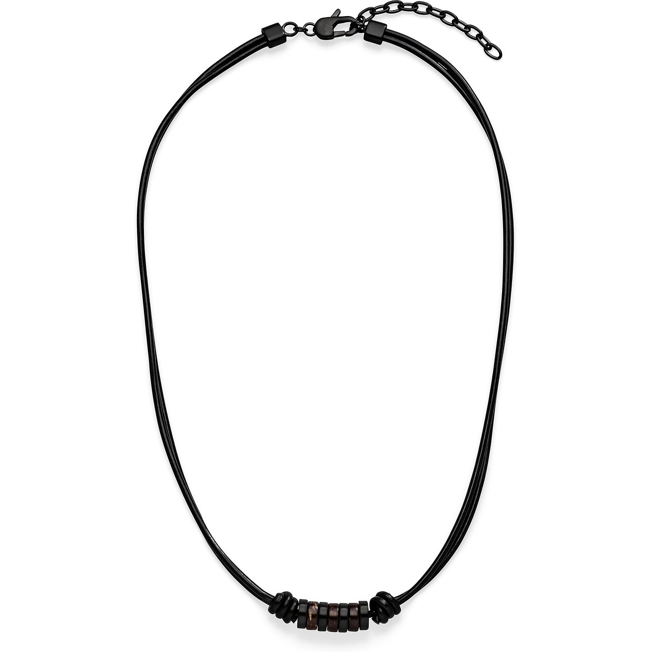 s.Oliver halsband i svart läder och rostfritt stål med mörkbruna pärlor i mitten.