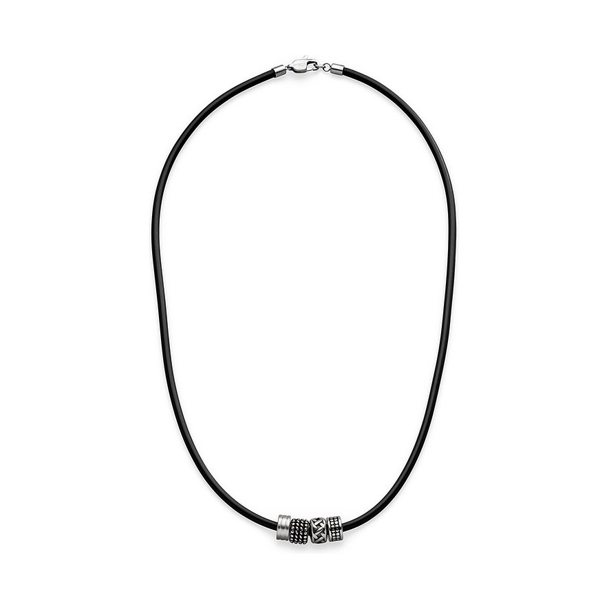 s.Oliver halsband i rostfritt stål med tre cylindriska element på ett svart band.