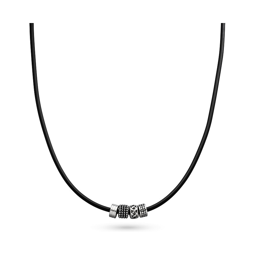s.Oliver halsband i rostfritt stål med fyra cylinderformade element i olika mönster på ett svart band.