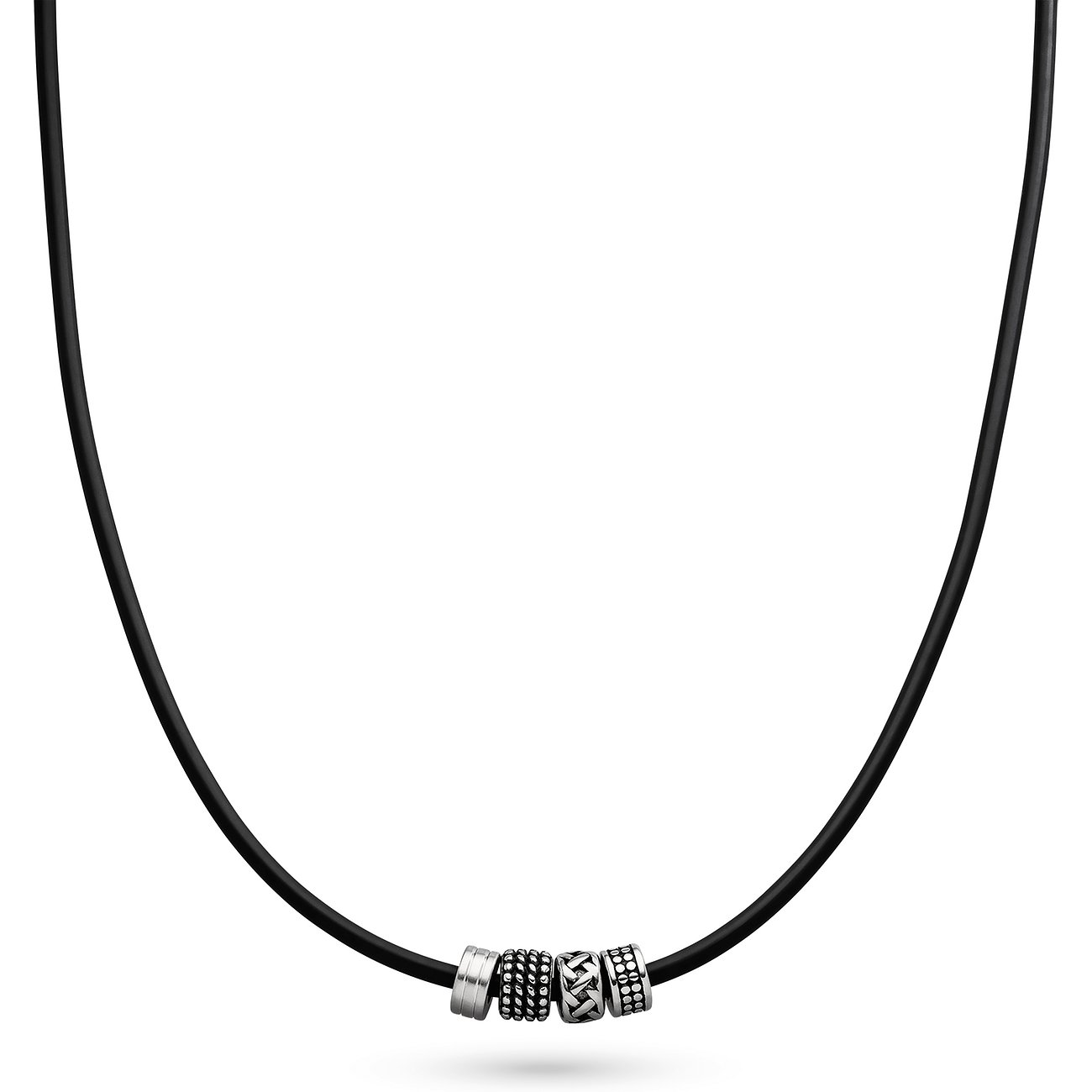 s.Oliver halsband i rostfritt stål med fyra cylinderformade element i olika mönster på ett svart band.