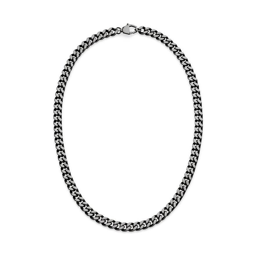 s.Oliver Halsschmuck aus Edelstahl, eine silberfarbene und schwarze Gliederkette, von oben fotografiert.