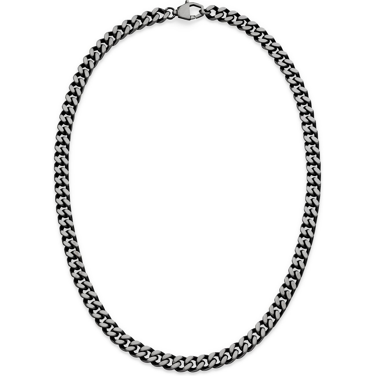 s.Oliver Halsschmuck aus Edelstahl, eine silberfarbene und schwarze Gliederkette, von oben fotografiert.