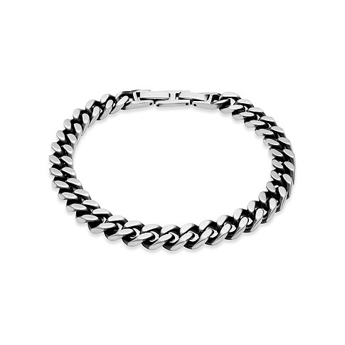 s.Oliver armbånd i mat rustfrit stål, et panserkædearmbånd med kliklås, set ovenfra.