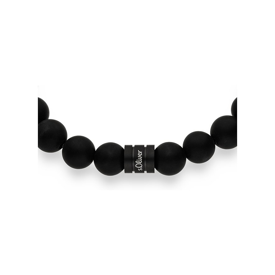 Bracelet s.Oliver en perles de pierre foncées avec un élément cylindrique portant le nom de la marque.
