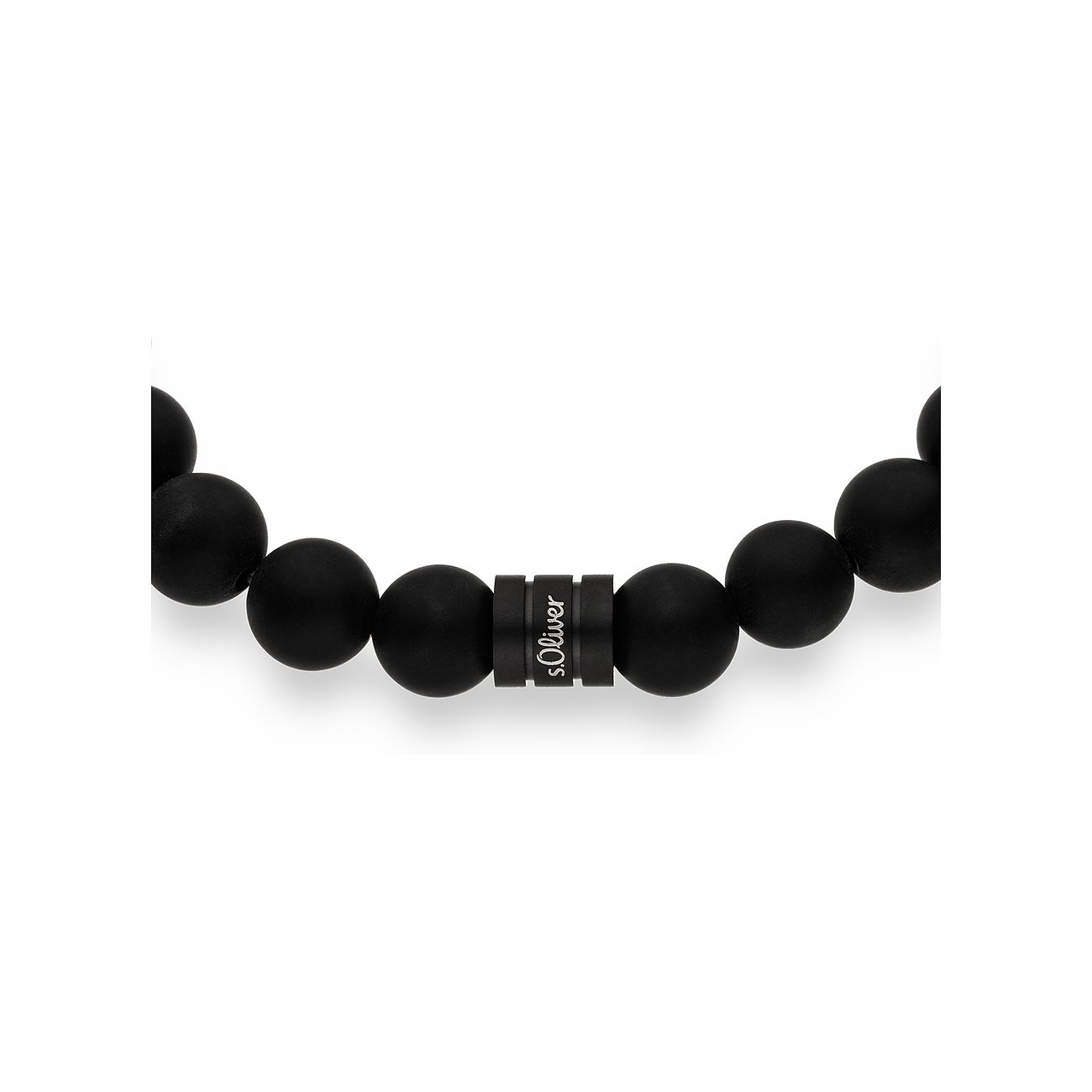 Bracelet s.Oliver en perles de pierre foncées avec un élément cylindrique portant le nom de la marque.