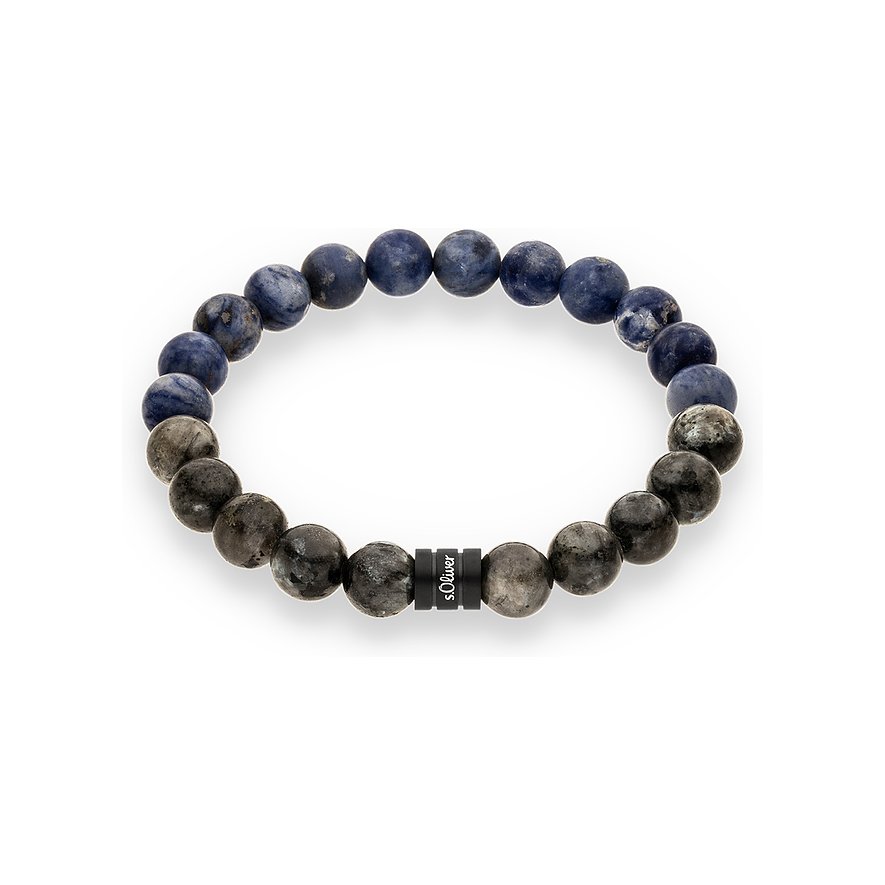 Un bracelet en pierre s.Oliver avec perles bleues et grises, et un anneau noir au logo s.Oliver au centre.
