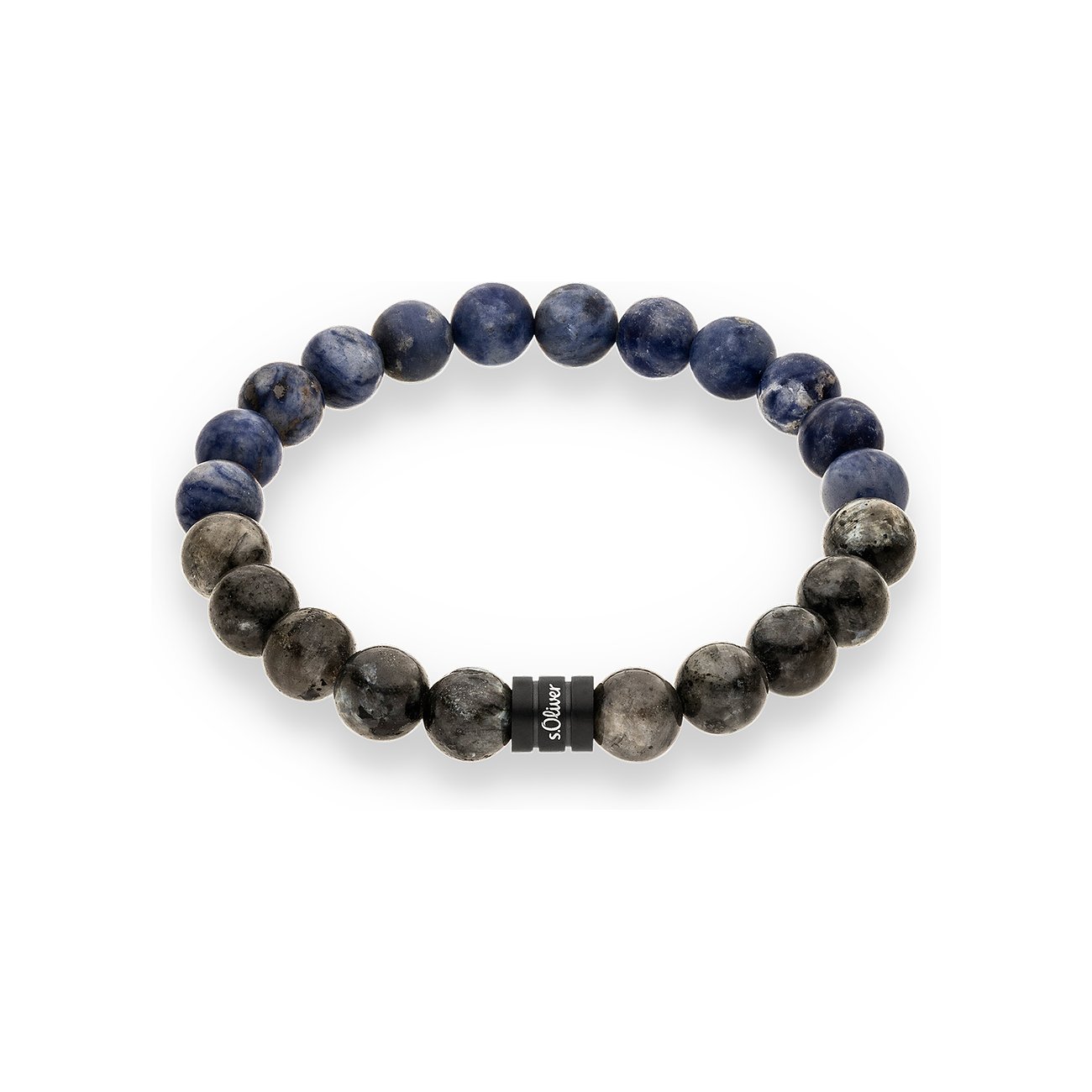 Un bracelet en pierre s.Oliver avec perles bleues et grises, et un anneau noir au logo s.Oliver au centre.