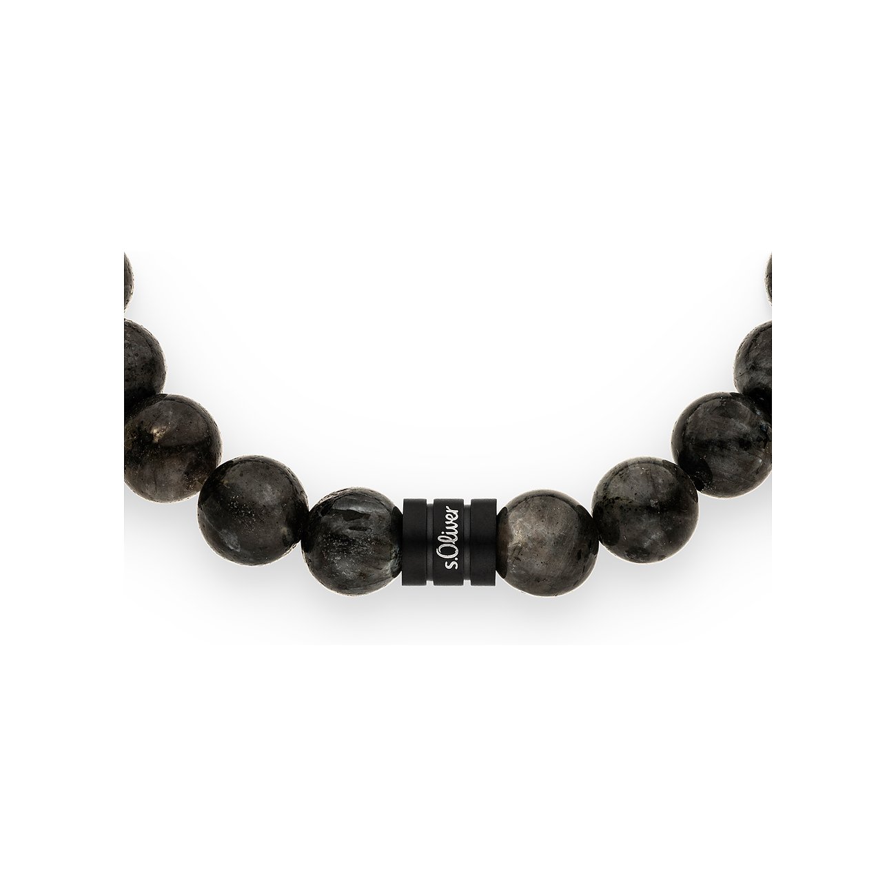Un bracelet de perles s.Oliver en pierres noires avec un élément cylindrique orné du logo s.Oliver.