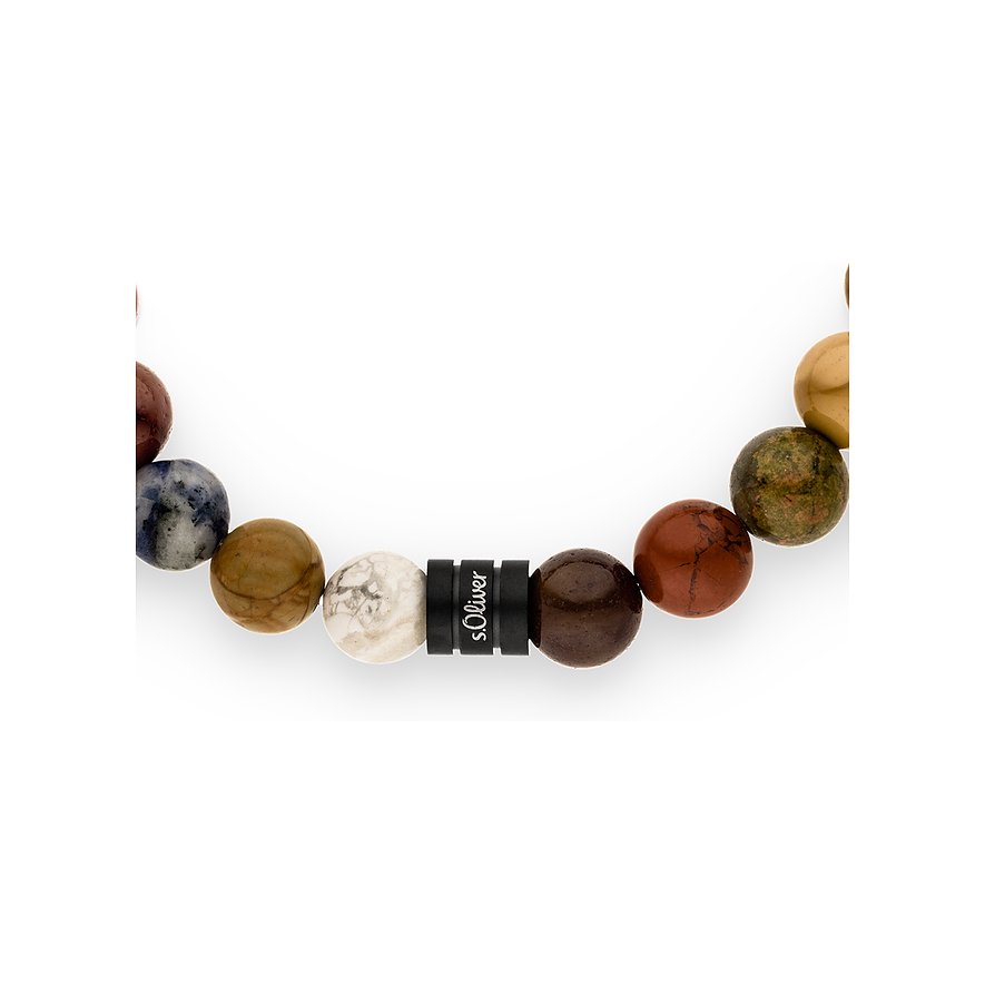 Bracelet s.Oliver en perles de différentes pierres avec une pièce centrale noire portant le logo s.Oliver.