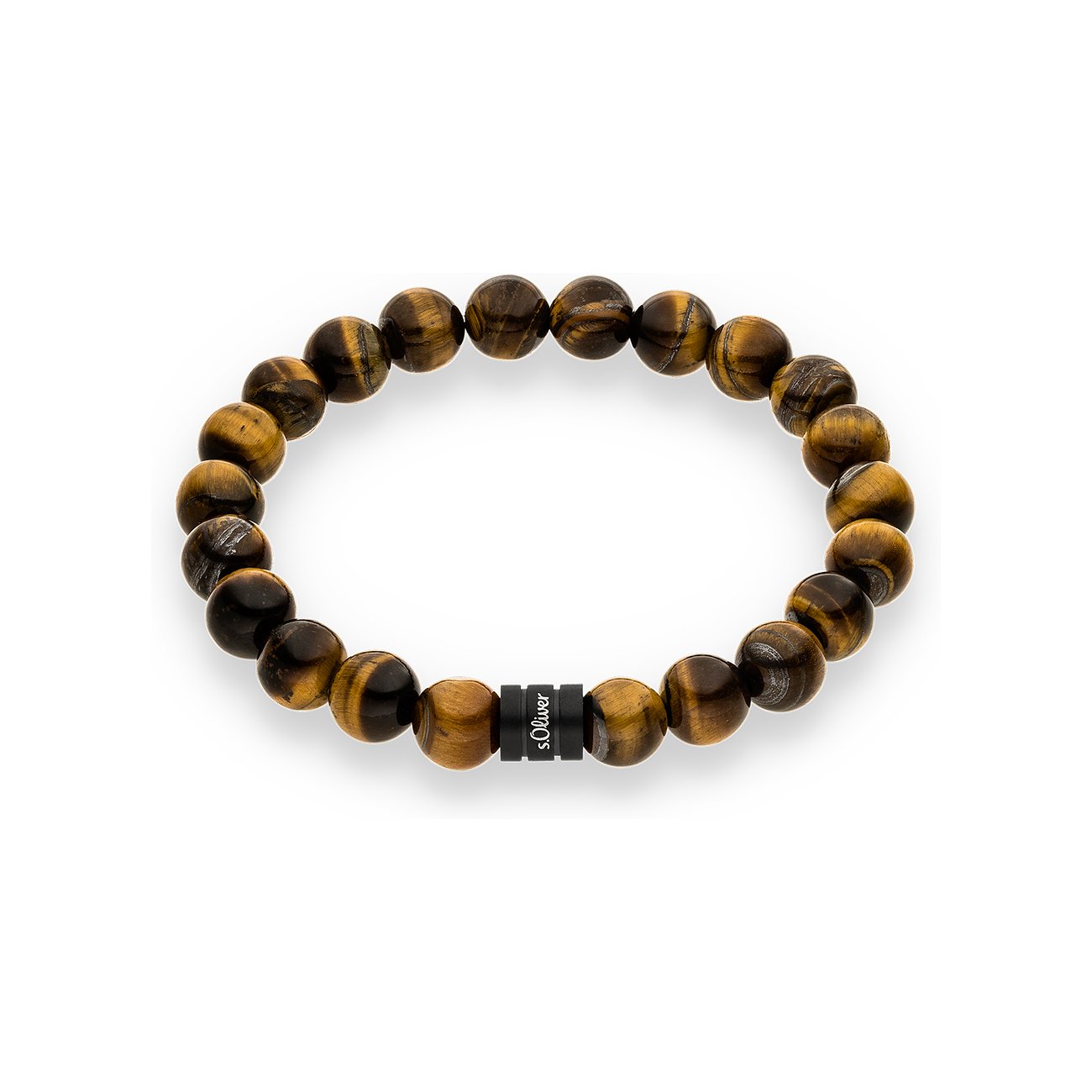 Bracciale s.Oliver con perle occhio di tigre scure e marrone oro, con cilindro nero recante il nome del marchio.