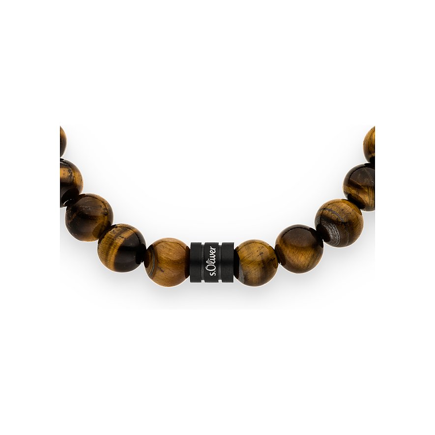 Bracciale s.Oliver con perle in occhio di tigre, quattro anelli neri e logo s.Oliver al centro.