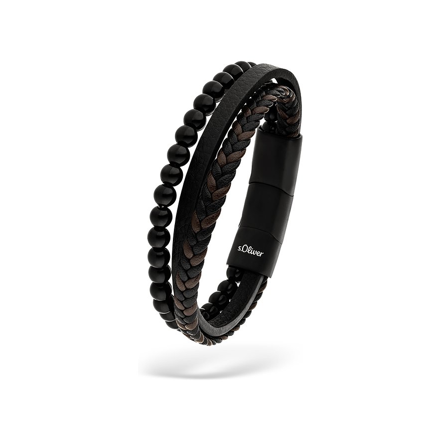 Bracelet homme s.Oliver en acier inoxydable et cuir, avec perles onyx noires. Divers bracelets.