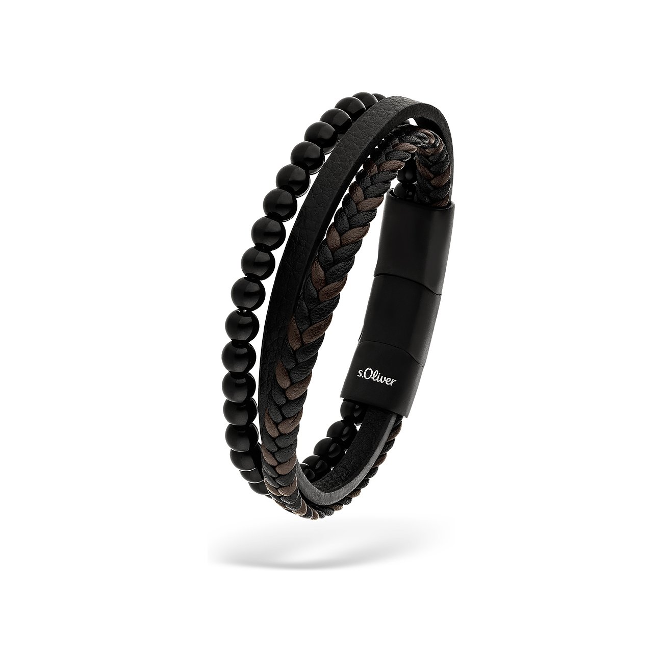 Bracelet homme s.Oliver en acier inoxydable et cuir, avec perles onyx noires. Divers bracelets.