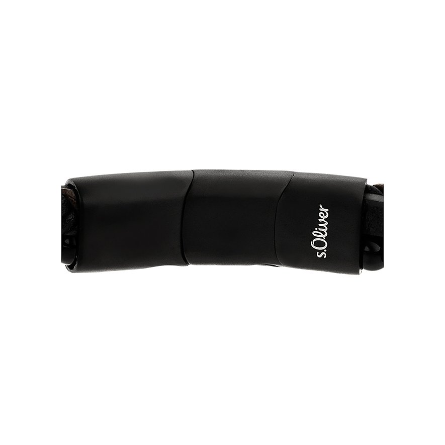 Gros plan sur le bracelet s.Oliver en cuir noir et le fermoir s.Oliver en acier inoxydable gravé.