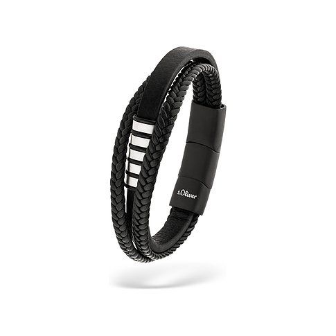 s.Oliver Armschmuck: Schwarzes geflochtenes Lederarmband mit glänzendem und mattem Edelstahlverschluss.