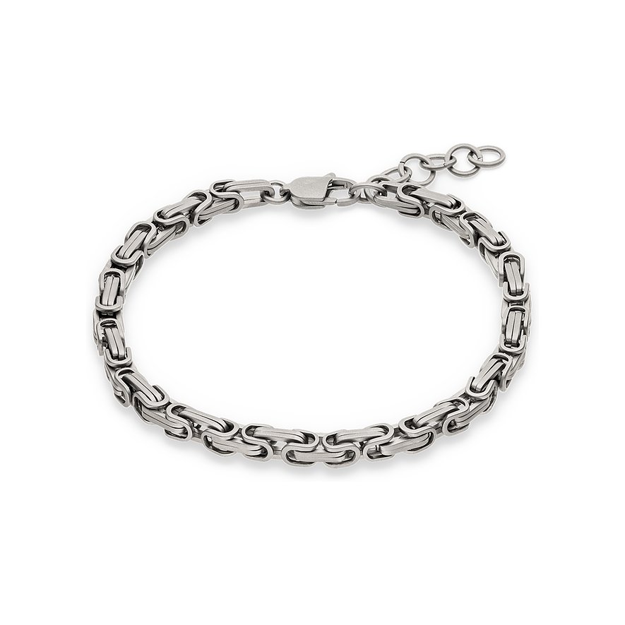 Bracciale s.Oliver in acciaio inox, catena bizantina, chiusura a moschettone, adagiato su sfondo bianco.