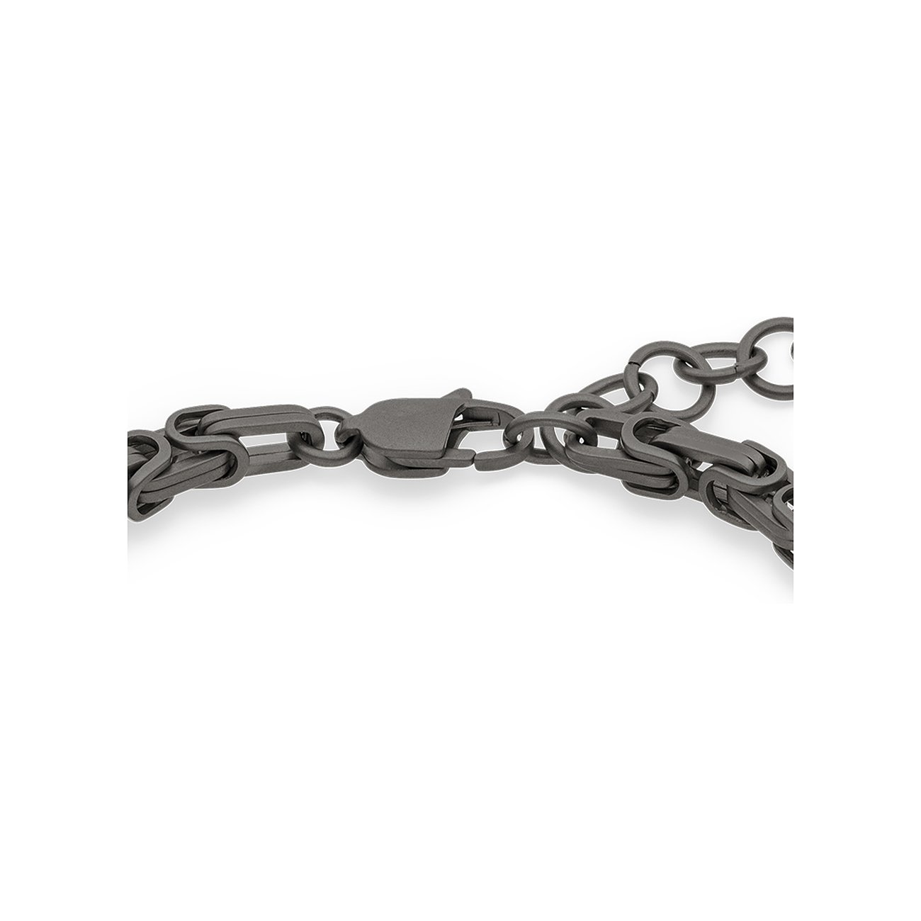 Primo piano della chiusura del bracciale s.Oliver in acciaio inossidabile scuro, due elementi intrecciati.