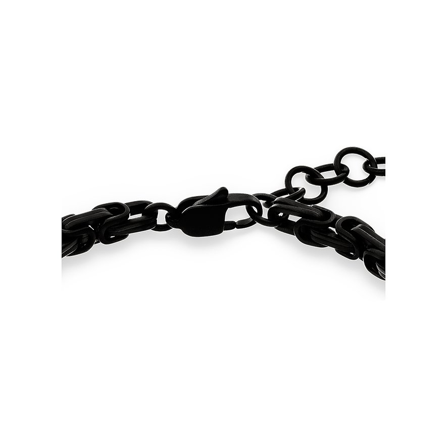 Närbild av låset på ett s.Oliver armband i rostfritt stål, svart metall, med kunglänk-mönster.