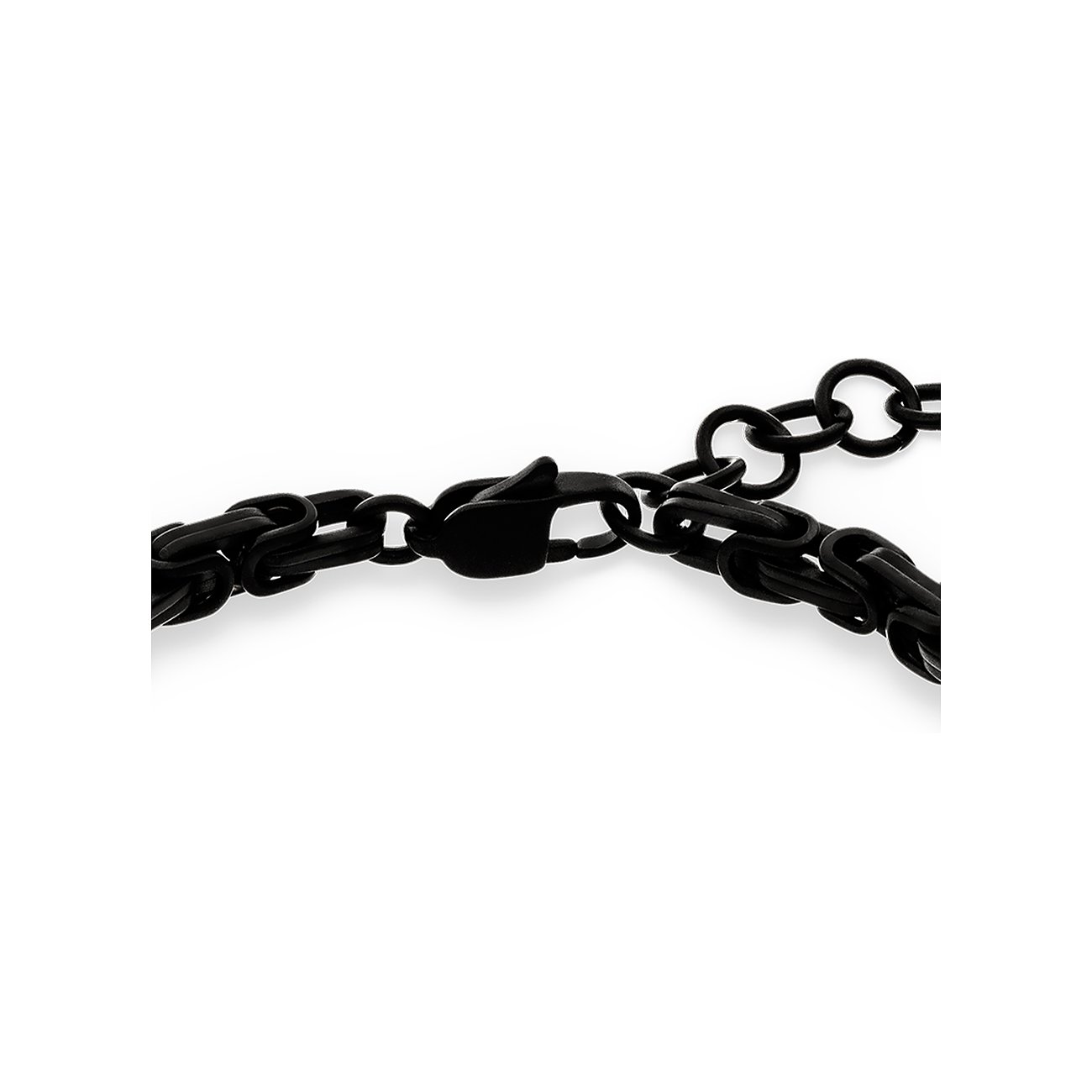 Närbild av låset på ett s.Oliver armband i rostfritt stål, svart metall, med kunglänk-mönster.