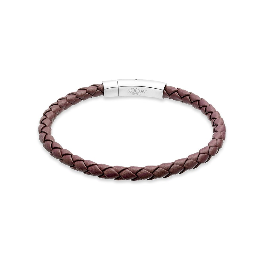 s.Oliver Armband aus geflochtenem braunen Leder mit einem zylindrischen Verschluss aus Edelstahl.
