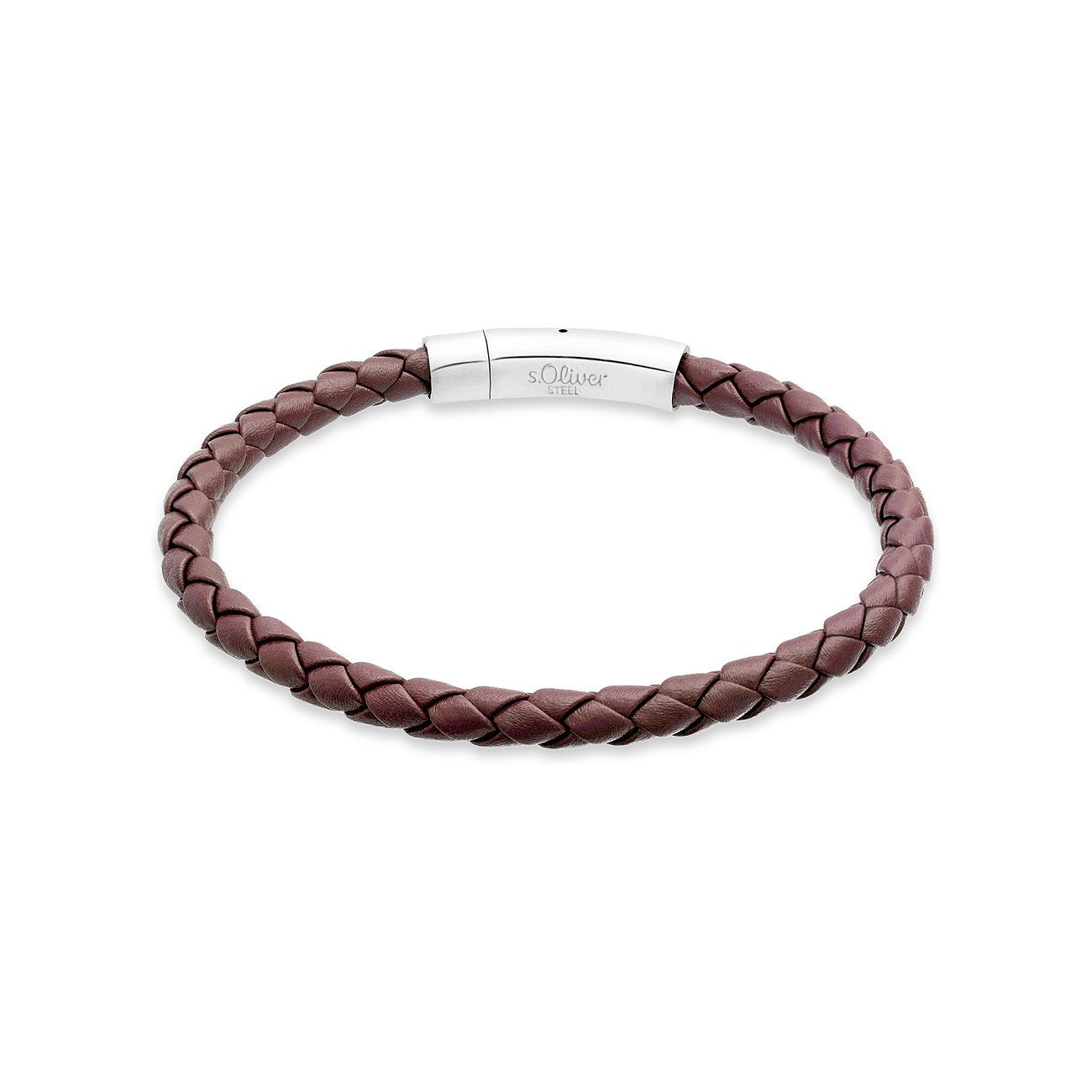 s.Oliver Armband aus geflochtenem braunen Leder mit einem zylindrischen Verschluss aus Edelstahl.