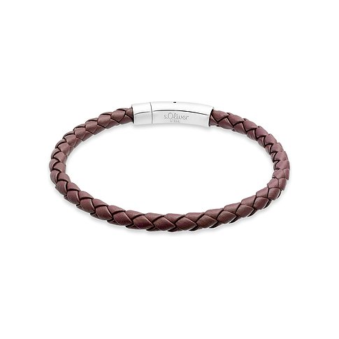 s.Oliver Armband aus geflochtenem braunen Leder mit einem zylindrischen Verschluss aus Edelstahl.