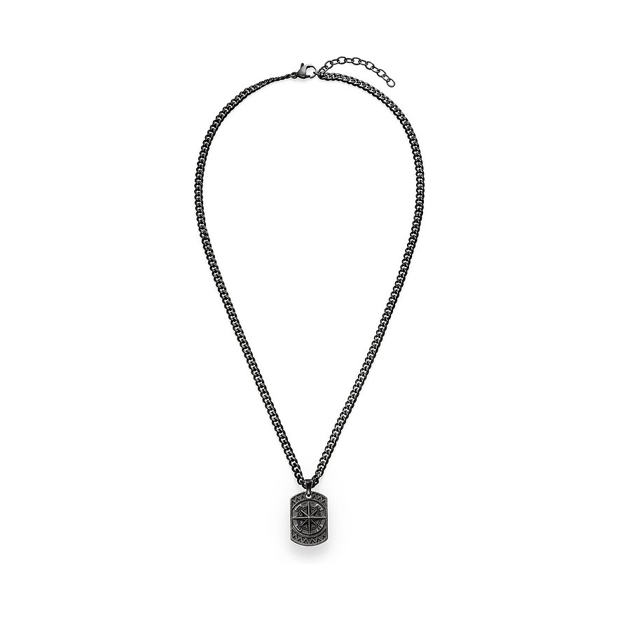 Ein s.Oliver Herren-Halsschmuck aus Edelstahl mit Kette und rechteckigem Anhänger mit Kompass-Motiv.