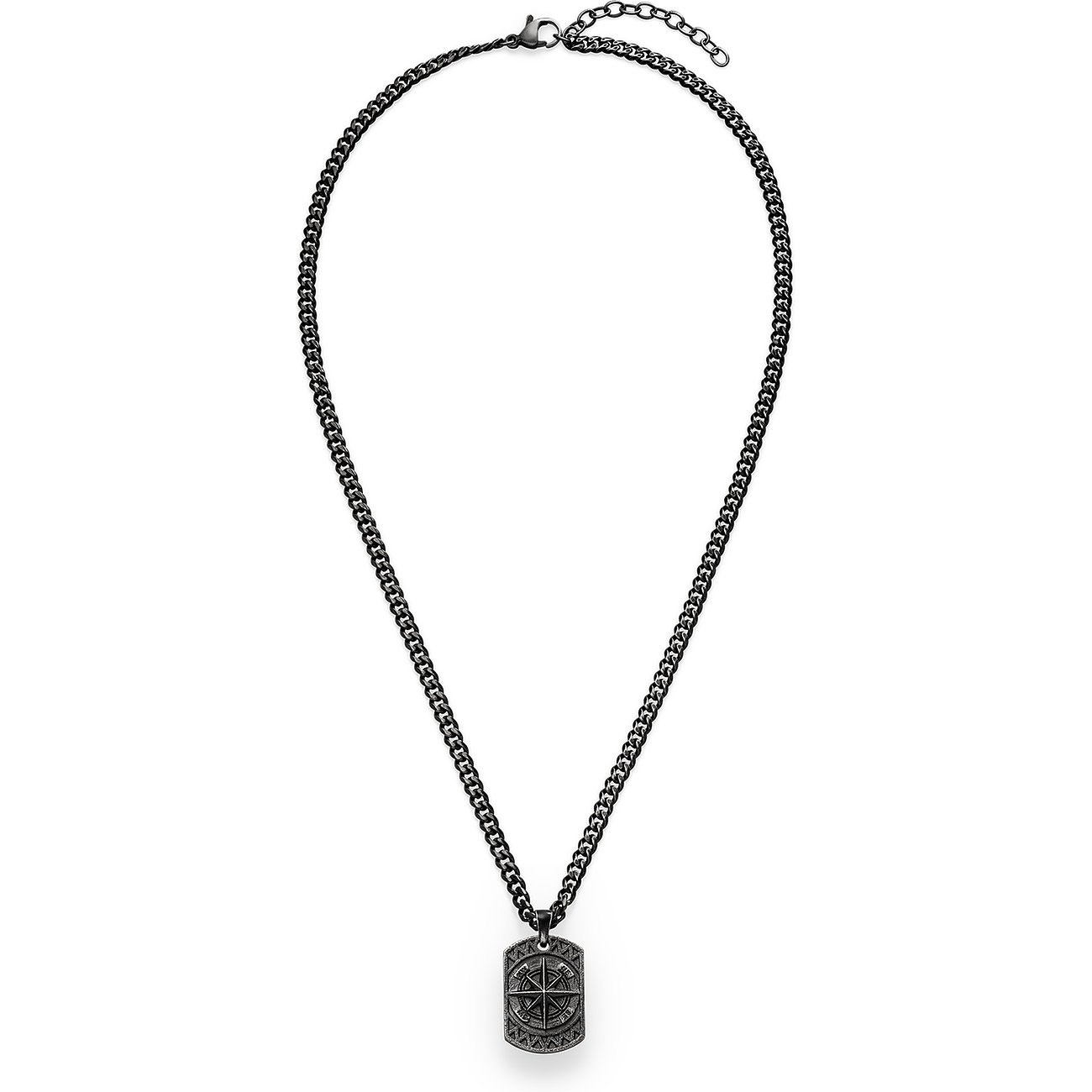Ein s.Oliver Herren-Halsschmuck aus Edelstahl mit Kette und rechteckigem Anhänger mit Kompass-Motiv.