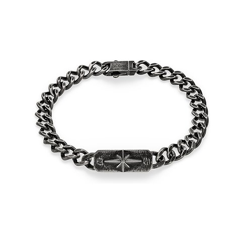 s.Oliver armbånd i mørkt, matbørstet, groft ledkædet rustfrit stål med kompasrelief på midterstykket.