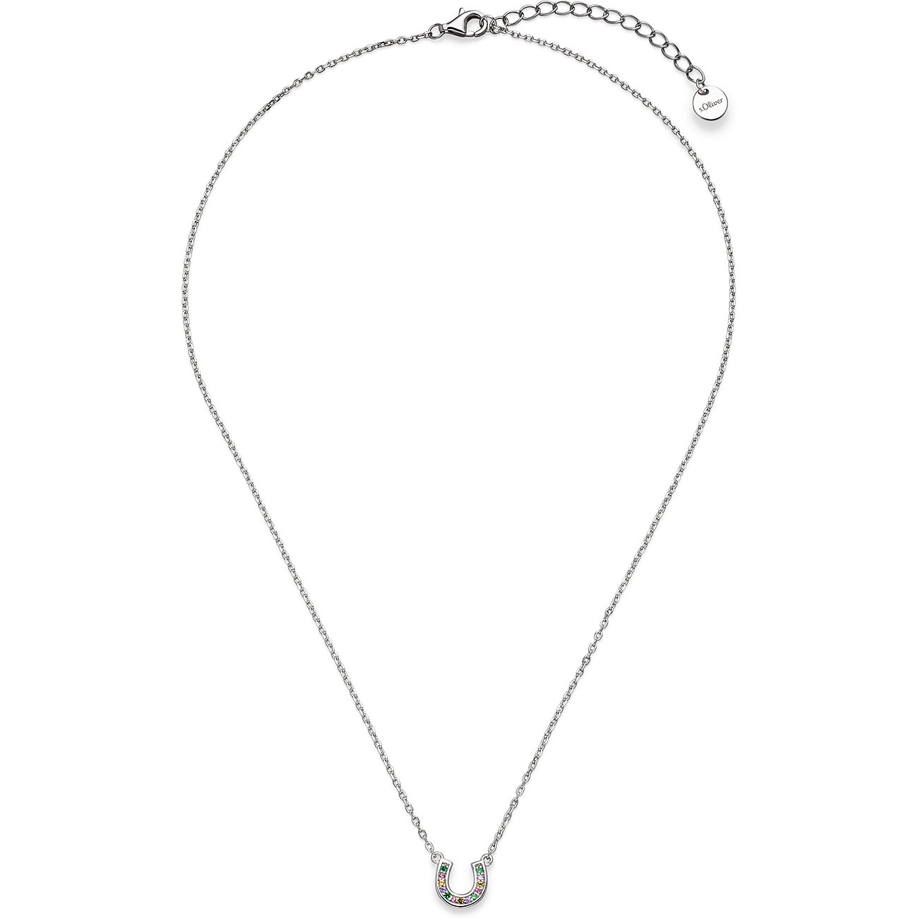 s.Oliver Chaîne argentée: collier délicat avec pendentif fer à cheval, serti de zircones étincelantes et colorées.