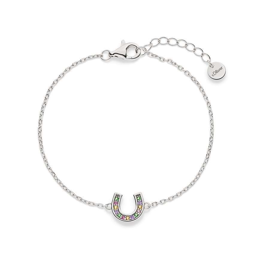 Ett s.Oliver silverarmband med ett hästskohänge, prytt med färgglada zirkoniastenar.