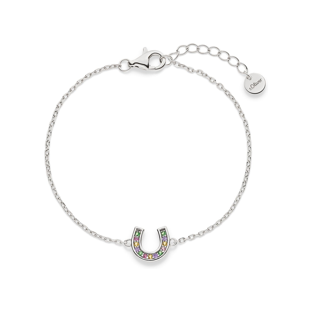 Ett s.Oliver silverarmband med ett hästskohänge, prytt med färgglada zirkoniastenar.