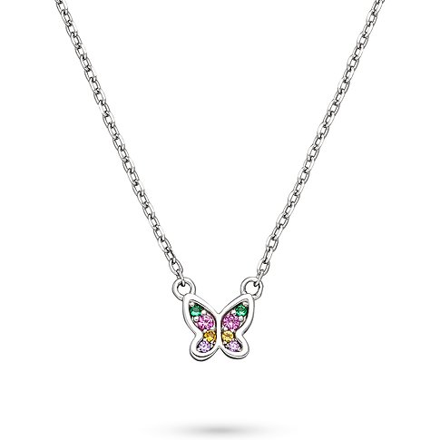 s.Oliver Halskette aus 925er Silber mit Schmetterlingsanhänger, verziert mit bunten Zirkonia Farbsteinen.