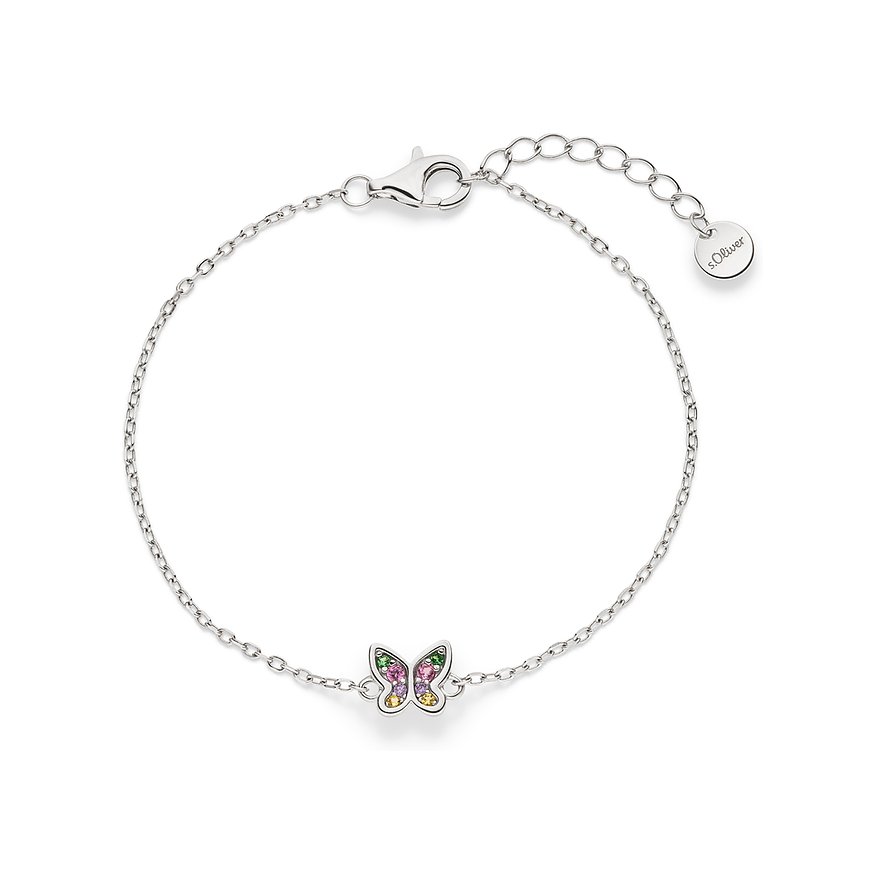 s.Oliver armband, 925 sterlingsilver, fjärilsform, fyra färgade zirkonia i grönt, rosa, violett, gult.