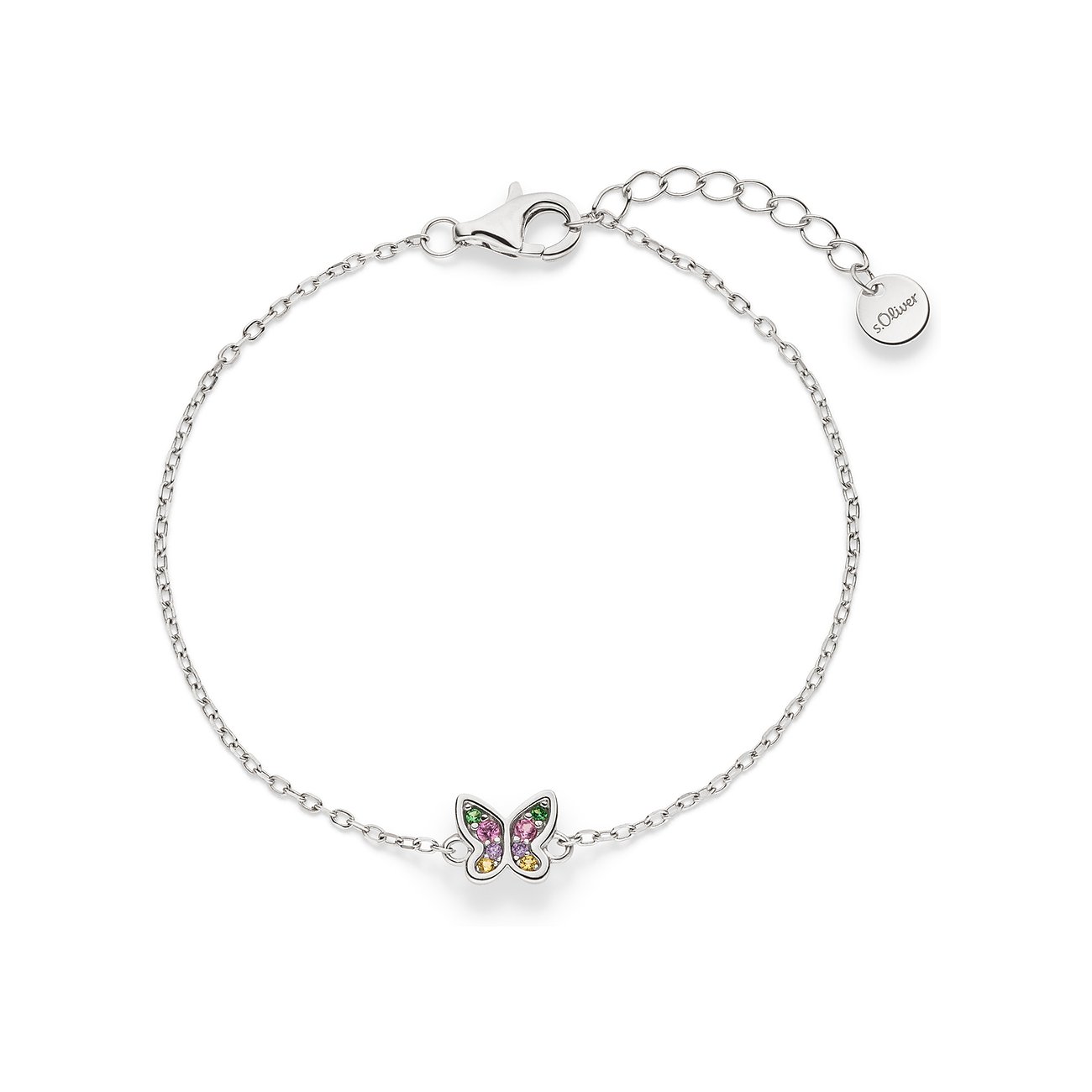 s.Oliver armband, 925 sterlingsilver, fjärilsform, fyra färgade zirkonia i grönt, rosa, violett, gult.
