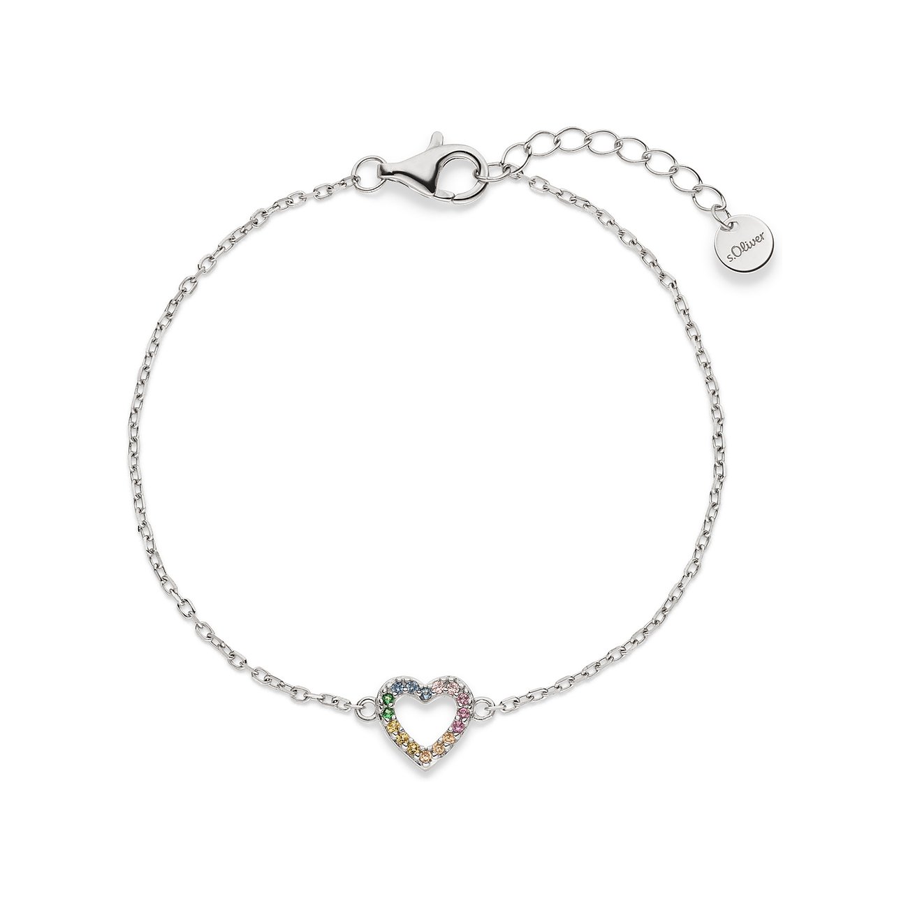 Bracelet s.Oliver en argent 925 avec pendentif en forme de cœur, orné de zircone arc-en-ciel comme pierres colorées.