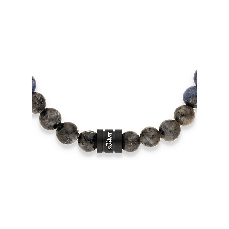 s.Oliver armband med runda labradorit- och lapis lazuli-stenpärlor, med ett svart märkeselement.