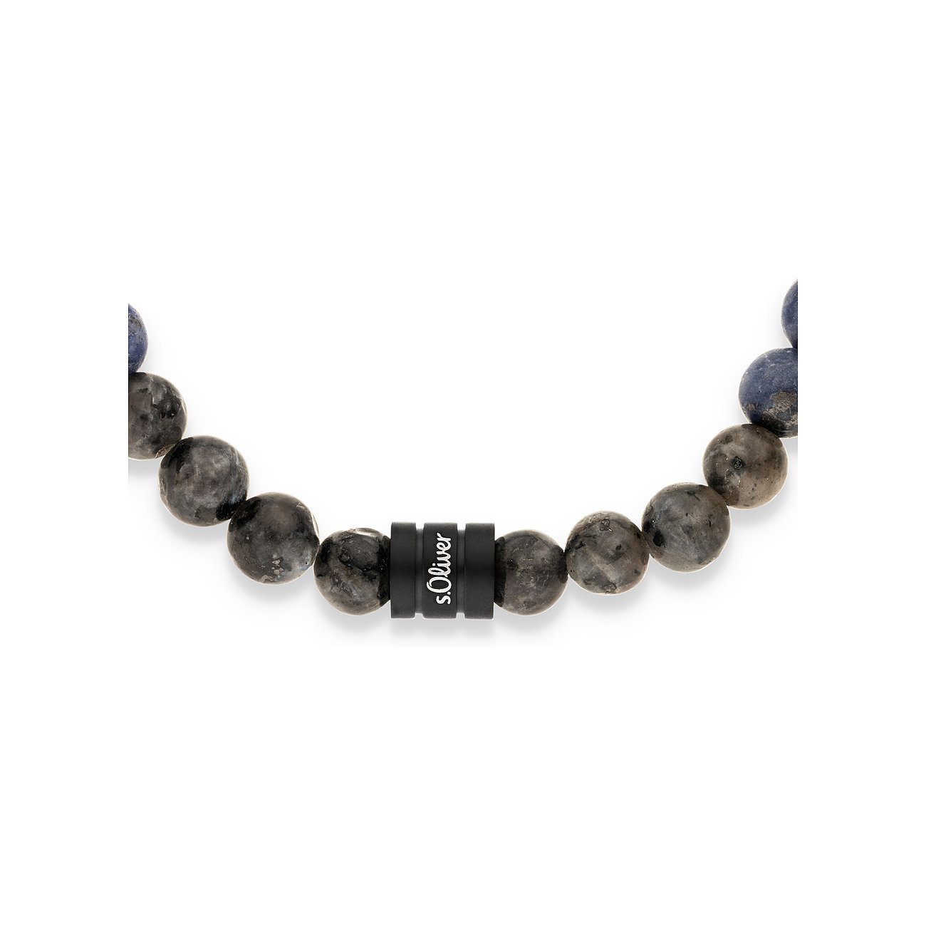 s.Oliver armband med runda labradorit- och lapis lazuli-stenpärlor, med ett svart märkeselement.