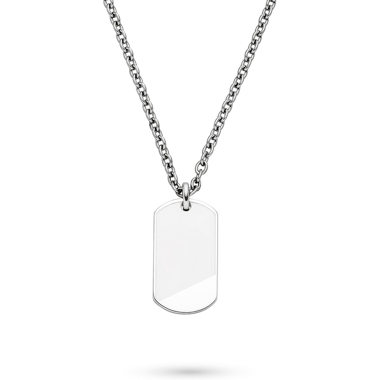 Collier s.Oliver en acier inoxydable brillant avec pendentif plaque militaire, isolé sur fond blanc.