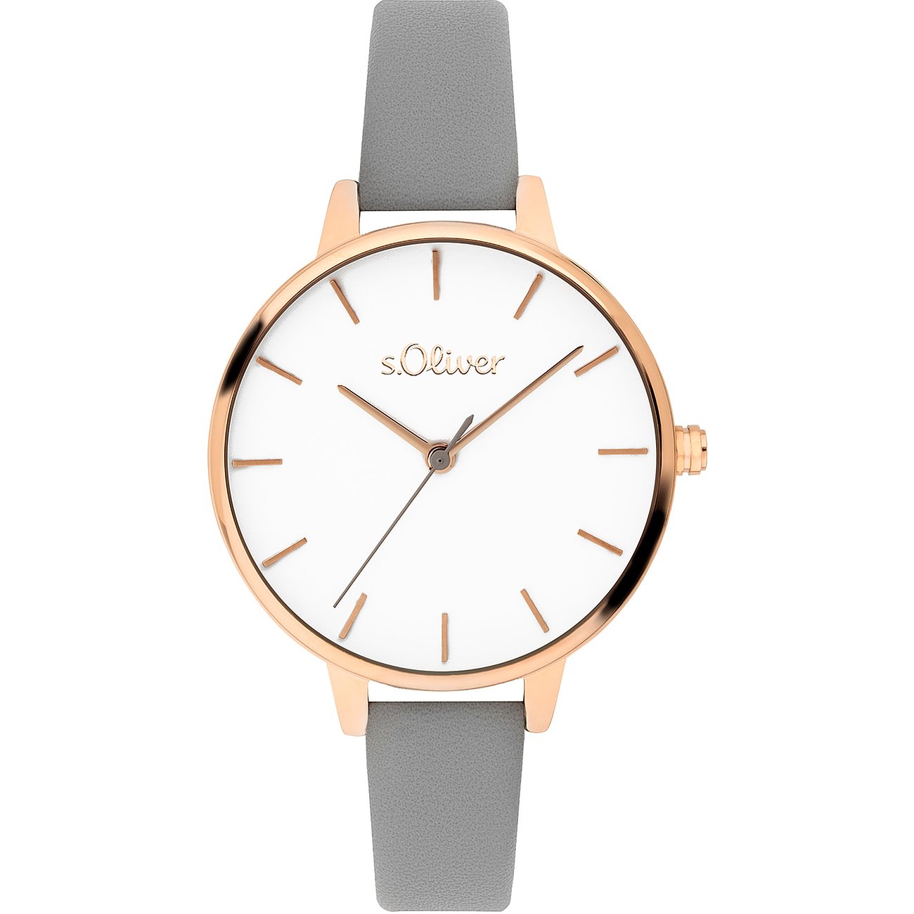 Montre femme s.Oliver en métal couleur or rose, cadran blanc et bracelet gris.