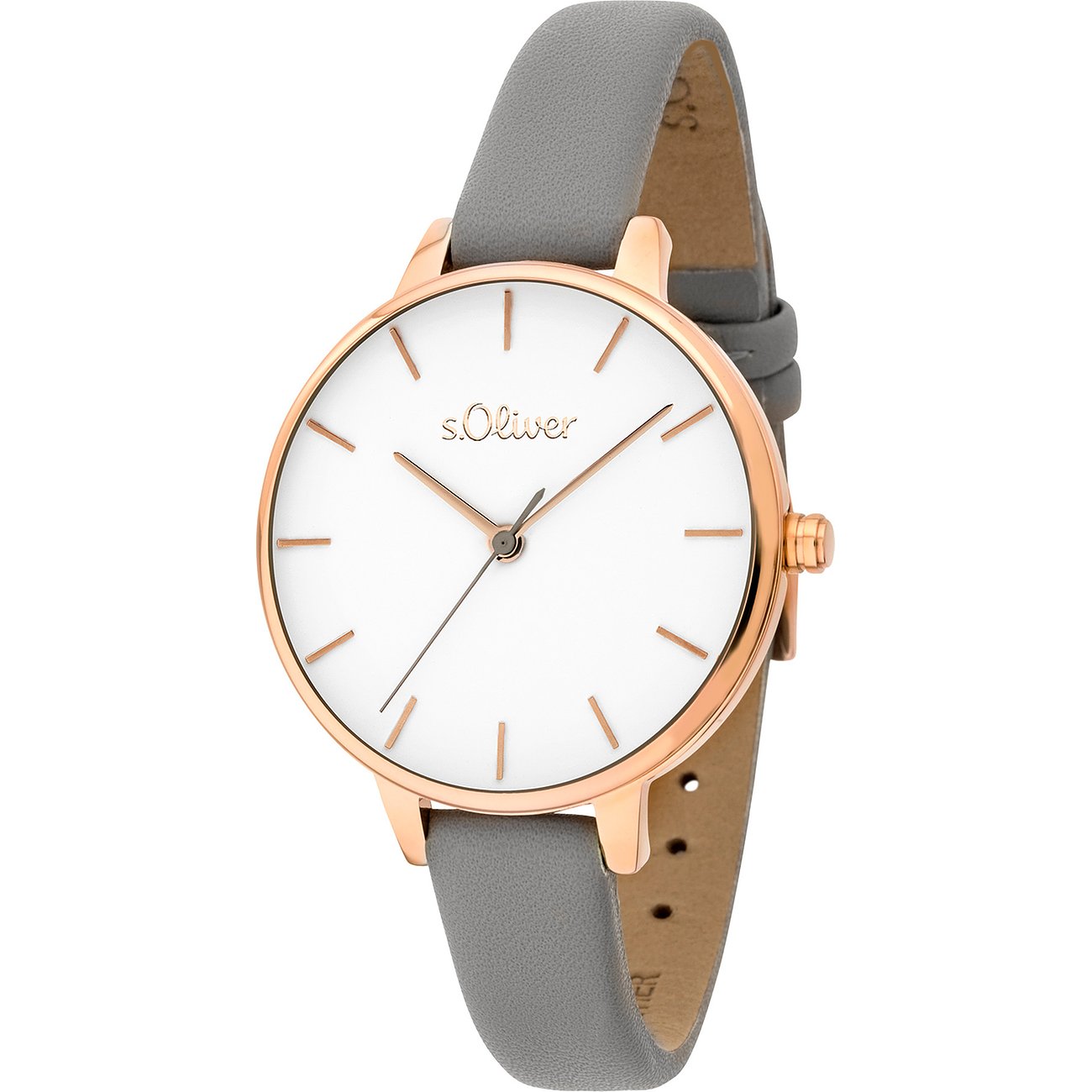 Montre femme s.Oliver en métal doré, cadran blanc, bracelet gris, vue légèrement en biais d'en haut.