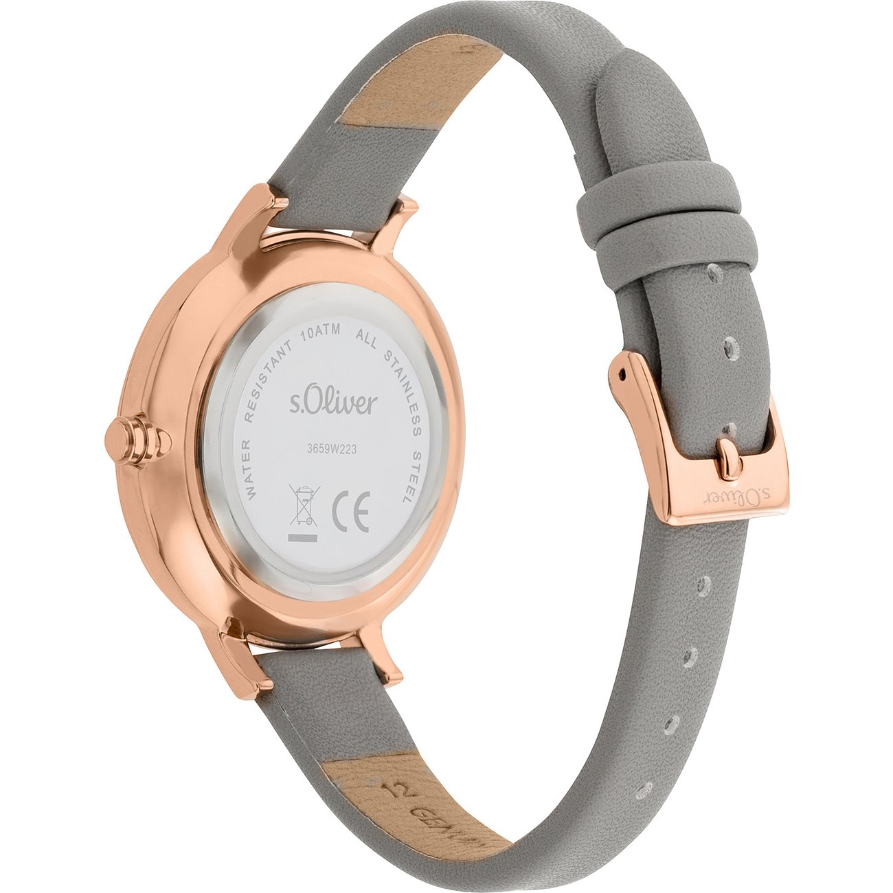 Vue arrière d'une montre femme s.Oliver en métal, boîtier or rose et bracelet cuir gris, présentée courbée.