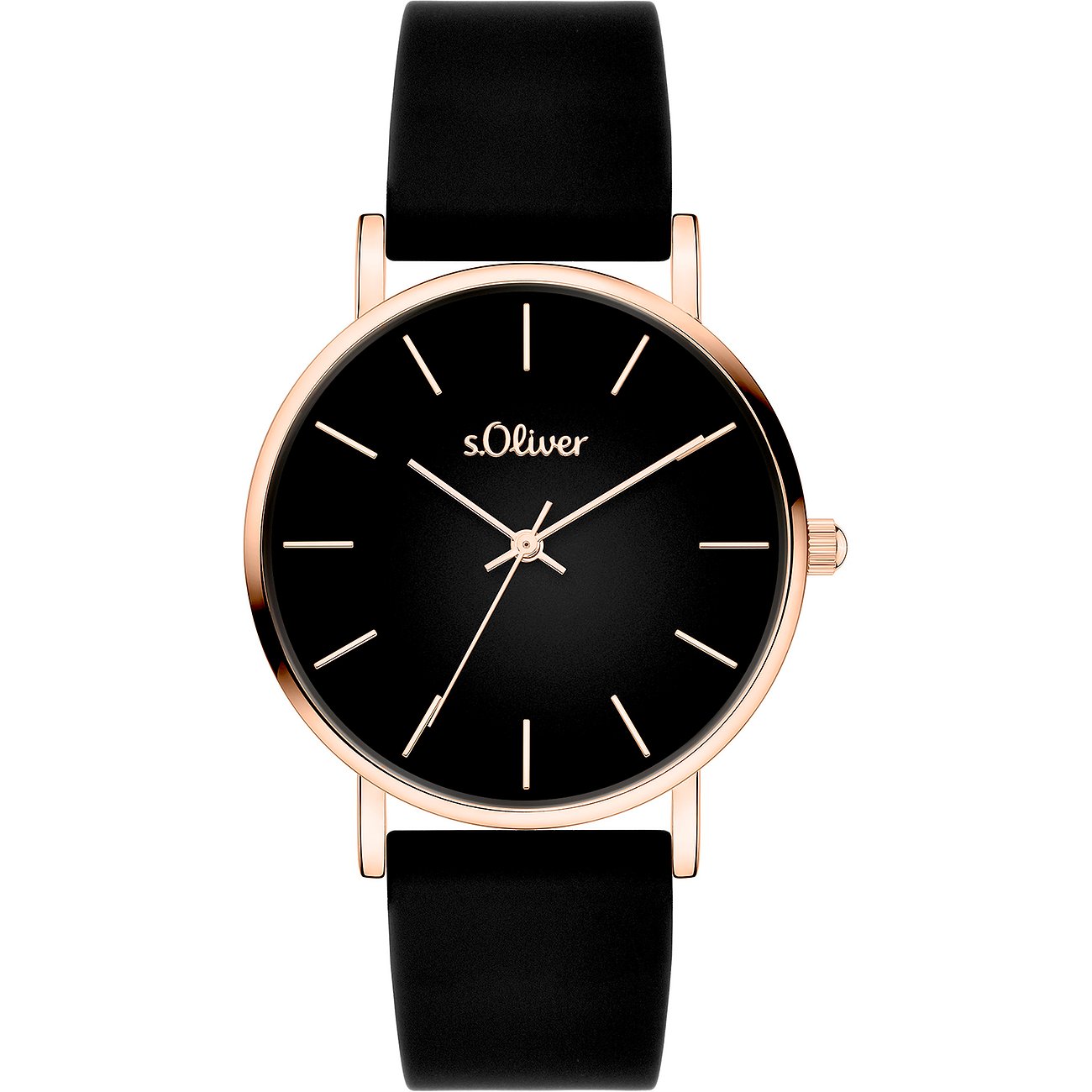 s.Oliver Damenuhr aus Metall mit schwarzen Armband und schwarzem Zifferblatt, roségoldenen Zeigern und Indizes.