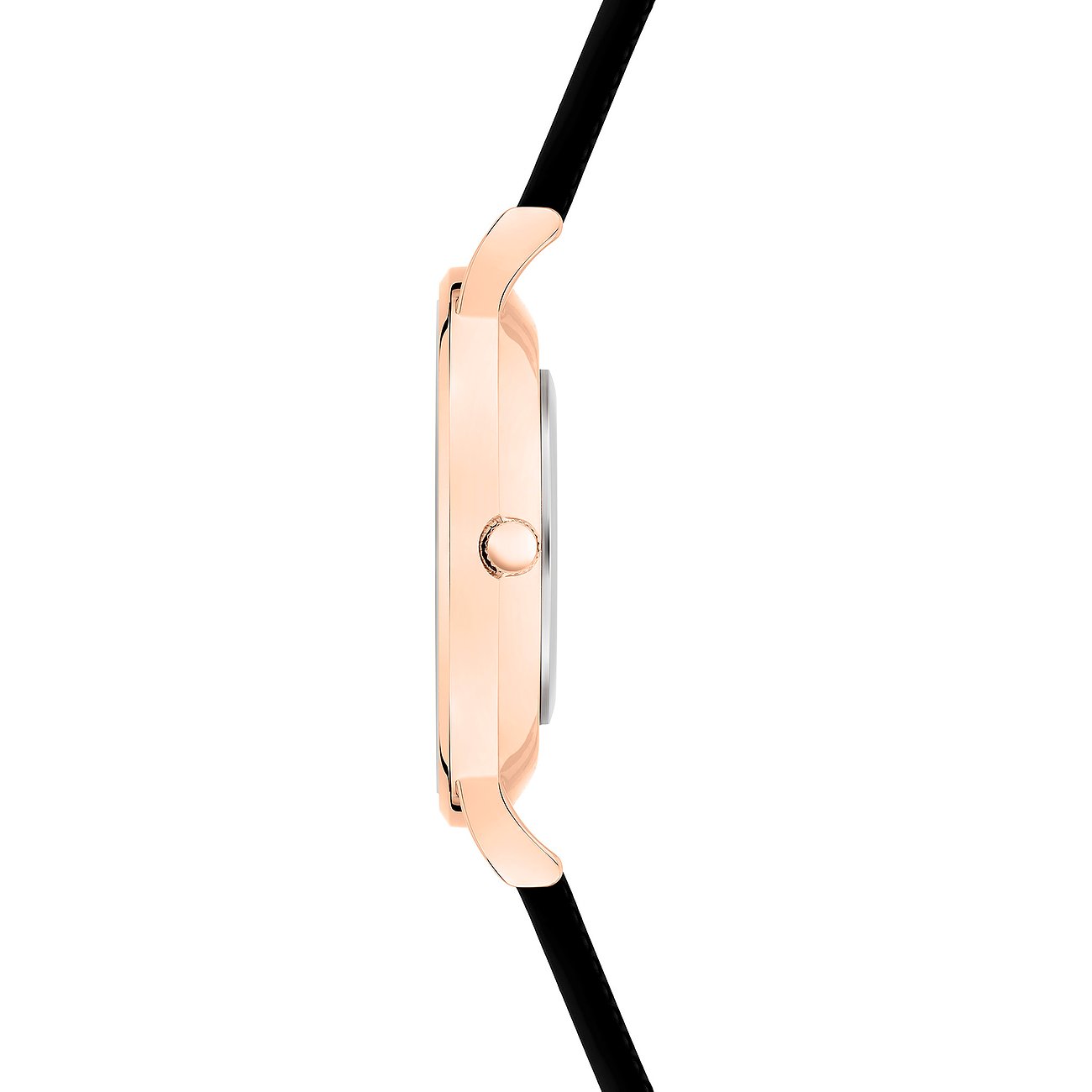 Seitenansicht der s.Oliver Damenuhr aus roségoldfarbenem Metall mit schwarzem Armband.