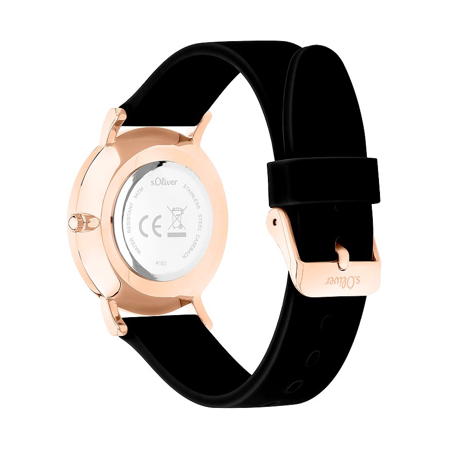 Die s.Oliver Damenuhr aus roségoldfarbenem Metall von hinten mit schwarzem Silikonarmband und Dornschließe.