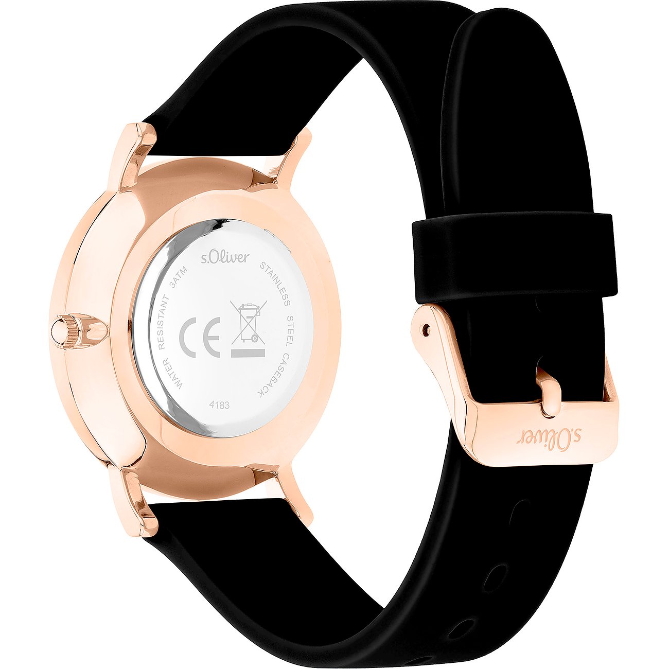 Die s.Oliver Damenuhr aus roségoldfarbenem Metall von hinten mit schwarzem Silikonarmband und Dornschließe.